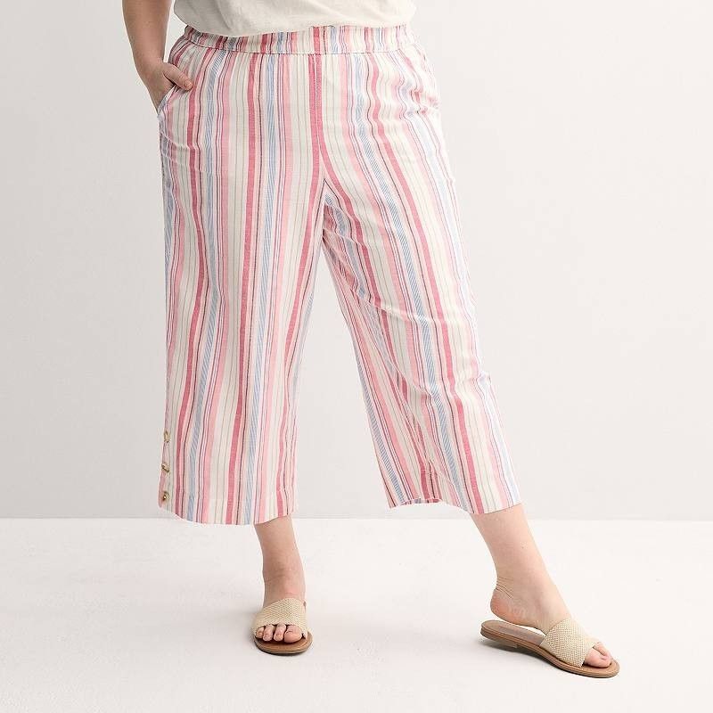 Croft Barrow Wide Leg Crop Pants Womens 1x Pink Striped Pull On Lightweight New